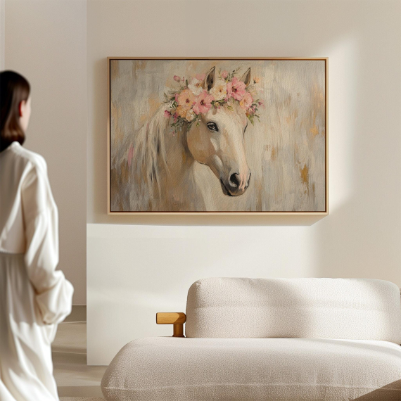 Elegant Floral Horse Canvas | Pastel Boho Wall Art | Romantic Farmhouse Decor | Horse Portrait with Flower Crown | Equestrian Room Accent