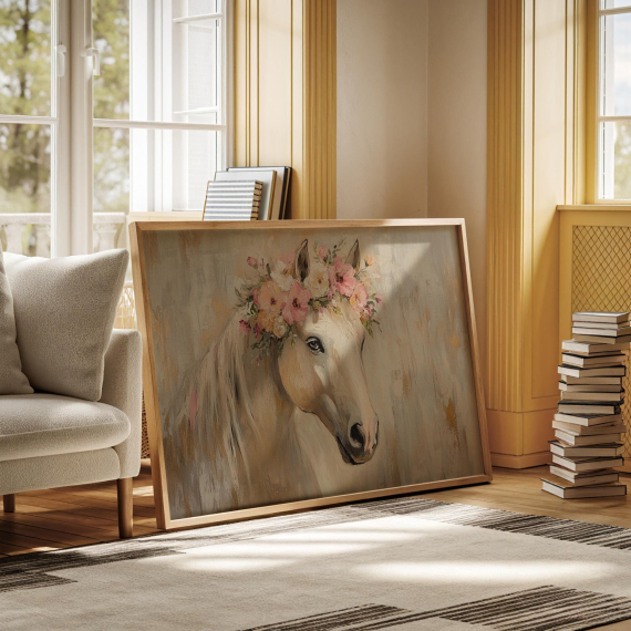 Elegant Floral Horse Canvas | Pastel Boho Wall Art | Romantic Farmhouse Decor | Horse Portrait with Flower Crown | Equestrian Room Accent