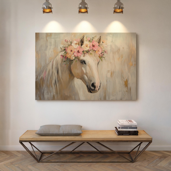 Elegant Floral Horse Canvas | Pastel Boho Wall Art | Romantic Farmhouse Decor | Horse Portrait with Flower Crown | Equestrian Room Accent
