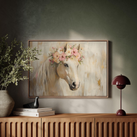 Elegant Floral Horse Canvas | Pastel Boho Wall Art | Romantic Farmhouse Decor | Horse Portrait with Flower Crown | Equestrian Room Accent