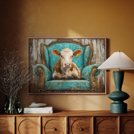 Regal Cow Portrait Canvas | Rustic Farmhouse Decor | Vintage Armchair Art | Unique Wall Art for Living Room or Kitchen