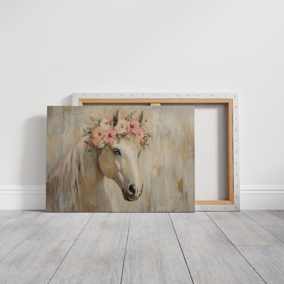 Elegant Floral Horse Canvas | Pastel Boho Wall Art | Romantic Farmhouse Decor | Horse Portrait with Flower Crown | Equestrian Room Accent