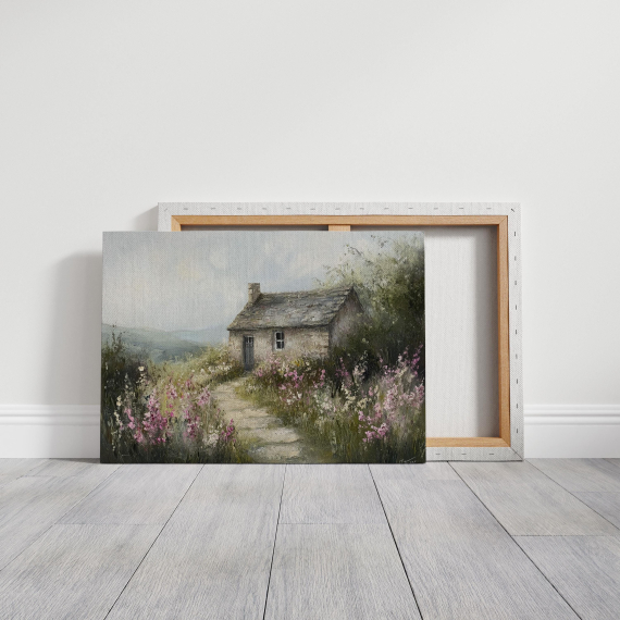 Rustic Cottage Canvas Art - Charming Stone House with Wildflower Path in Pastel Tones for Countryside-Inspired Wall Decor