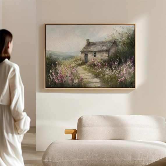 Rustic Cottage Canvas Art - Charming Stone House with Wildflower Path in Pastel Tones for Countryside-Inspired Wall Decor