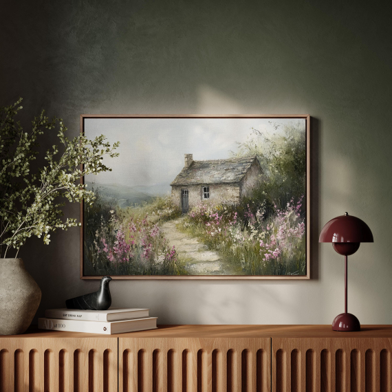 Rustic Cottage Canvas Art - Charming Stone House with Wildflower Path in Pastel Tones for Countryside-Inspired Wall Decor