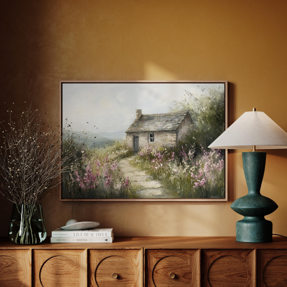Rustic Cottage Canvas Art - Charming Stone House with Wildflower Path in Pastel Tones for Countryside-Inspired Wall Decor