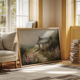 Rustic Cottage Canvas Art - Charming Stone House with Wildflower Path in Pastel Tones for Countryside-Inspired Wall Decor