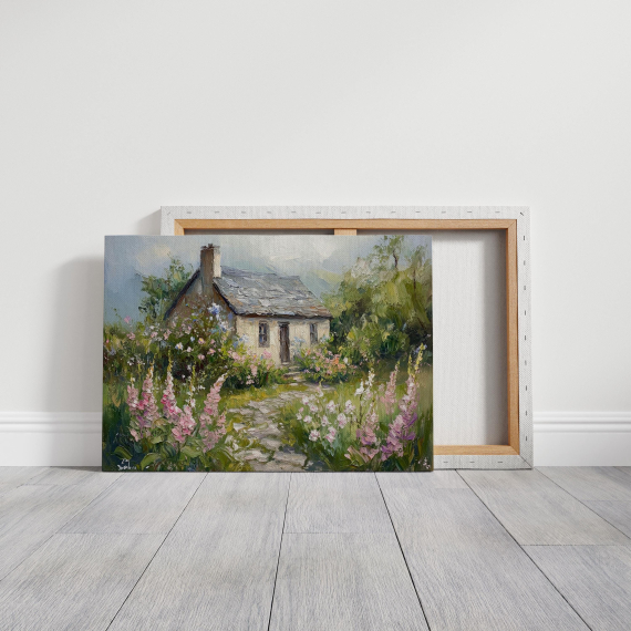 Charming Cottage Canvas Art - Stone House with Vibrant Wildflowers and Lush Greenery for Rustic Countryside Wall Decor