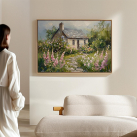 Charming Cottage Canvas Art - Stone House with Vibrant Wildflowers and Lush Greenery for Rustic Countryside Wall Decor
