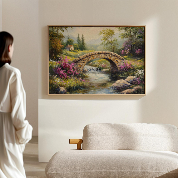 Rustic Stone Bridge Over Serene Stream - Vintage Landscape Canvas Art with Blooming Flowers and Cozy Cottage Scene