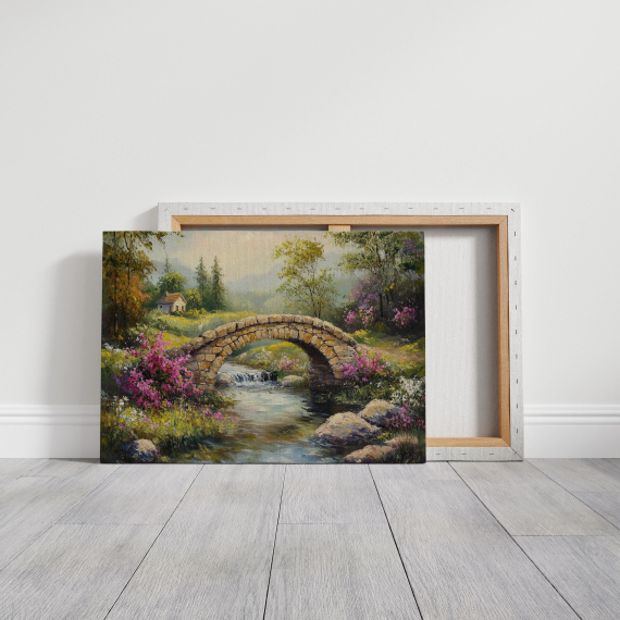 Rustic Stone Bridge Over Serene Stream - Vintage Landscape Canvas Art with Blooming Flowers and Cozy Cottage Scene