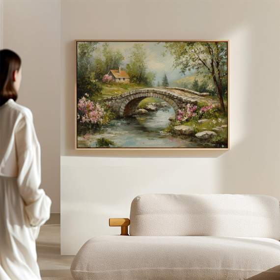 Charming Stone Bridge and Cottage - Tranquil Countryside Landscape Canvas with Blooming Flowers and Serene Stream