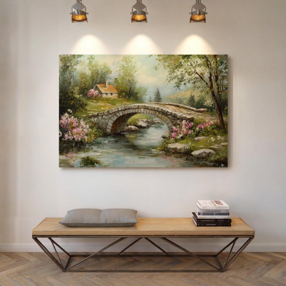 Charming Stone Bridge and Cottage - Tranquil Countryside Landscape Canvas with Blooming Flowers and Serene Stream