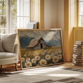 Rustic Barn and Daisy Field Canvas Art - Farmhouse Landscape with Wildflowers and Mountains Vintage Country Wall Decor