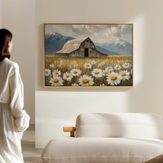 Rustic Barn and Daisy Field Canvas Art - Farmhouse Landscape with Wildflowers and Mountains  Vintage Country Wall Decor