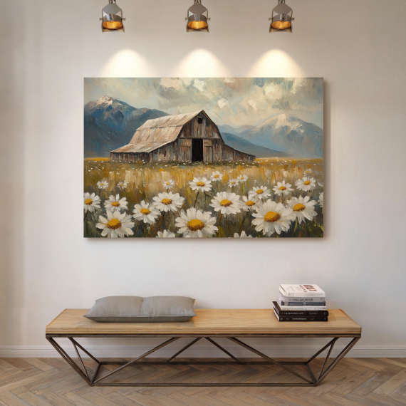 Rustic Barn and Daisy Field Canvas Art - Farmhouse Landscape with Wildflowers and Mountains  Vintage Country Wall Decor