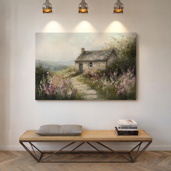 Rustic Cottage Canvas Art - Charming Stone House with Wildflower Path in Pastel Tones for Countryside-Inspired Wall Decor