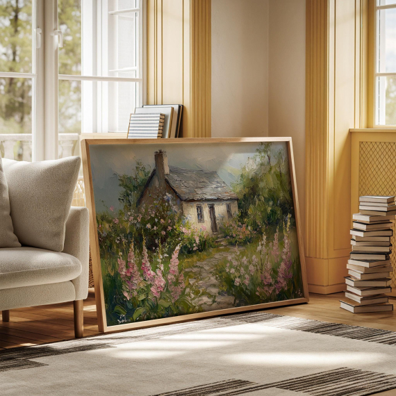 Charming Cottage Canvas Art - Stone House with Vibrant Wildflowers and Lush Greenery for Rustic Countryside Wall Decor