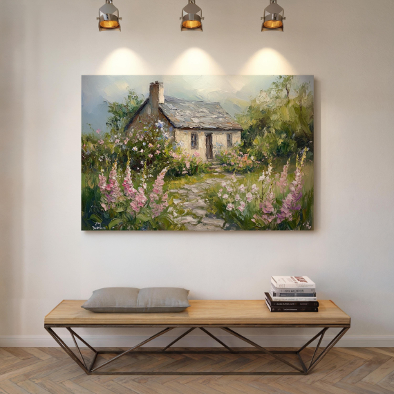 Charming Cottage Canvas Art - Stone House with Vibrant Wildflowers and Lush Greenery for Rustic Countryside Wall Decor