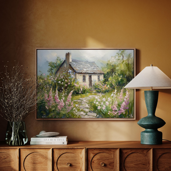 Charming Cottage Canvas Art - Stone House with Vibrant Wildflowers and Lush Greenery for Rustic Countryside Wall Decor