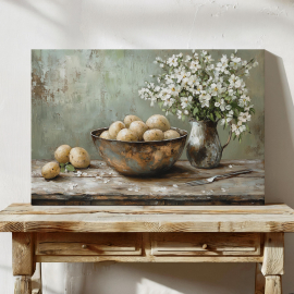 Rustic Kitchen Still Life Canvas - Bowl of Potatoes with White Flowers Vintage Farmhouse Wall Art for Dining Room or Kitchen