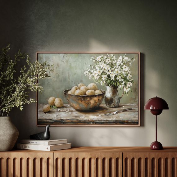 Rustic Kitchen Still Life Canvas - Bowl of Potatoes with White Flowers  Vintage Farmhouse Wall Art for Dining Room or Kitchen