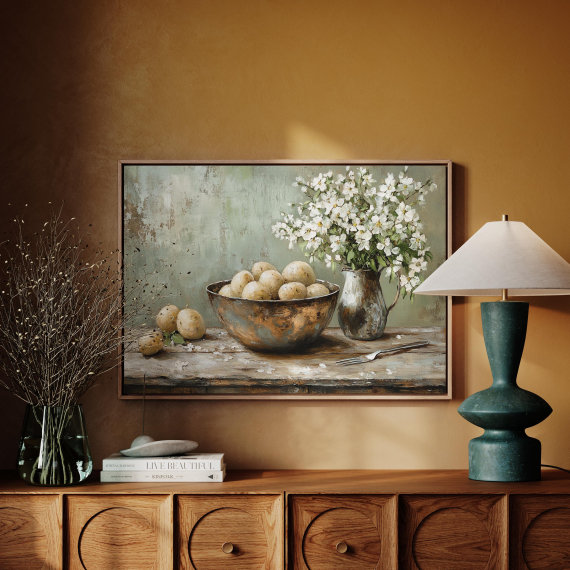 Rustic Kitchen Still Life Canvas - Bowl of Potatoes with White Flowers  Vintage Farmhouse Wall Art for Dining Room or Kitchen