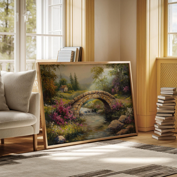 Rustic Stone Bridge Over Serene Stream - Vintage Landscape Canvas Art with Blooming Flowers and Cozy Cottage Scene