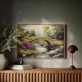 Rustic Stone Bridge Over Serene Stream - Vintage Landscape Canvas Art with Blooming Flowers and Cozy Cottage Scene