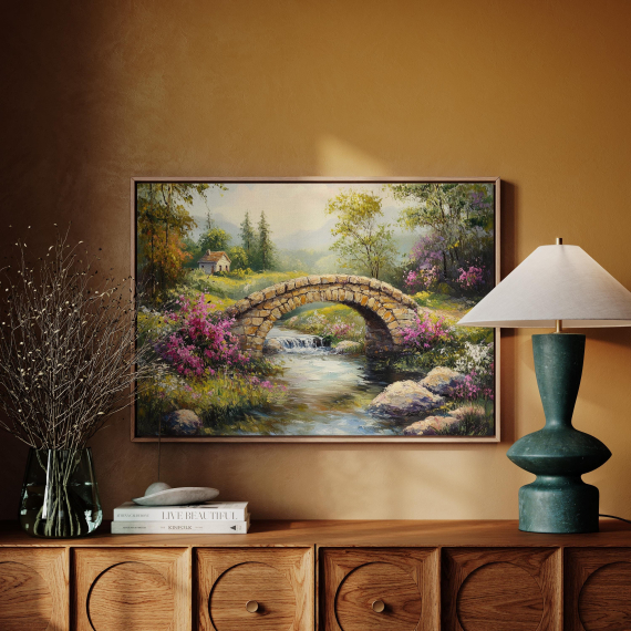 Rustic Stone Bridge Over Serene Stream - Vintage Landscape Canvas Art with Blooming Flowers and Cozy Cottage Scene