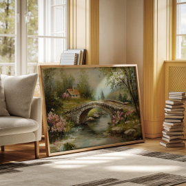 Charming Stone Bridge and Cottage - Tranquil Countryside Landscape Canvas with Blooming Flowers and Serene Stream