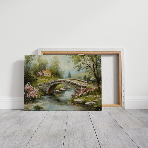 Charming Stone Bridge and Cottage - Tranquil Countryside Landscape Canvas with Blooming Flowers and Serene Stream