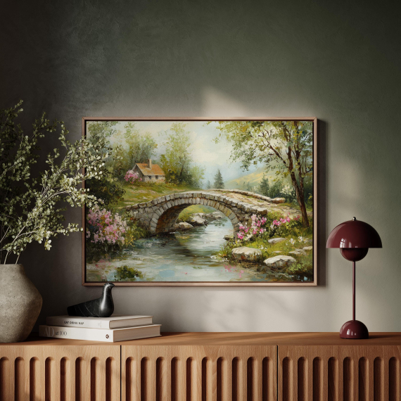 Charming Stone Bridge and Cottage - Tranquil Countryside Landscape Canvas with Blooming Flowers and Serene Stream