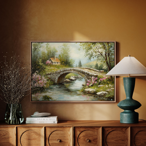 Charming Stone Bridge and Cottage - Tranquil Countryside Landscape Canvas with Blooming Flowers and Serene Stream