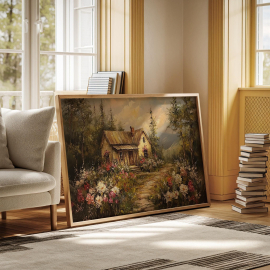 Rustic Cottage Canvas Wall Art - Quaint House with Colorful Garden Path Country Landscape Painting for Cozy Farmhouse Decor