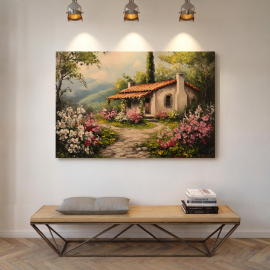 Charming Cottage Canvas Art - Rustic Home with Vibrant Floral Garden Path Countryside Landscape Wall Decor for Cozy Spaces