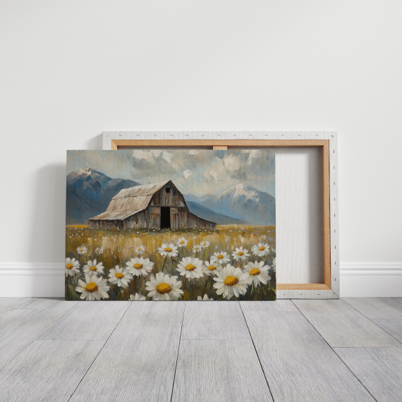 Rustic Barn and Daisy Field Canvas Art - Farmhouse Landscape with Wildflowers and Mountains  Vintage Country Wall Decor