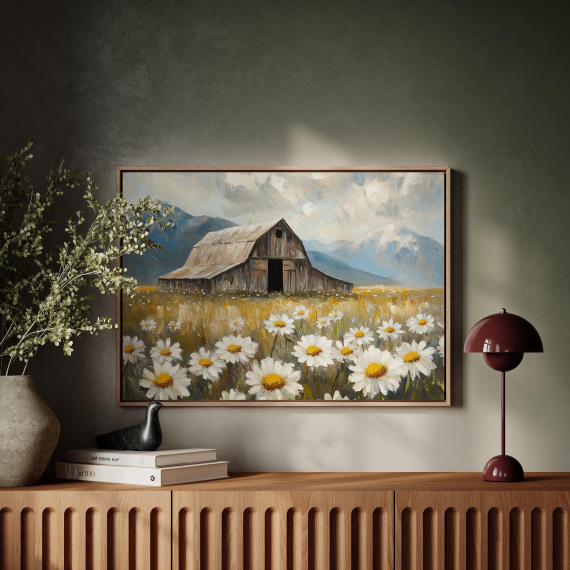 Rustic Barn and Daisy Field Canvas Art - Farmhouse Landscape with Wildflowers and Mountains  Vintage Country Wall Decor