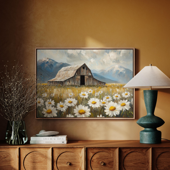 Rustic Barn and Daisy Field Canvas Art - Farmhouse Landscape with Wildflowers and Mountains  Vintage Country Wall Decor