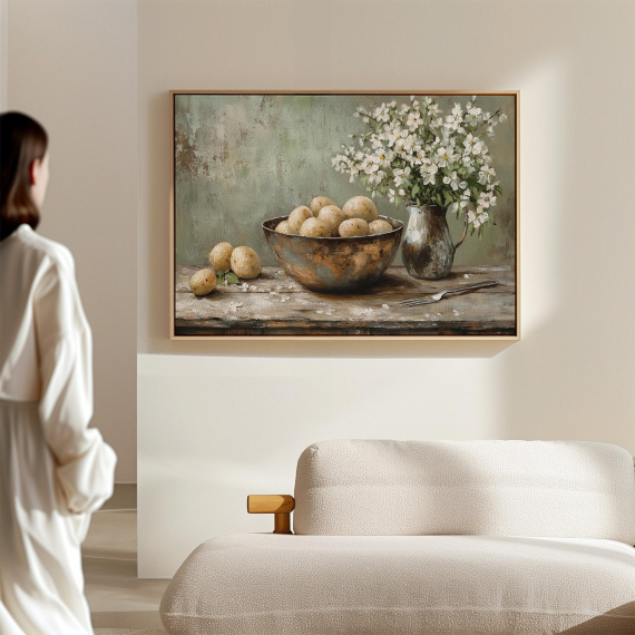 Rustic Kitchen Still Life Canvas - Bowl of Potatoes with White Flowers  Vintage Farmhouse Wall Art for Dining Room or Kitchen