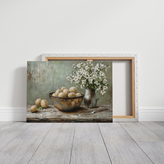 Rustic Kitchen Still Life Canvas - Bowl of Potatoes with White Flowers  Vintage Farmhouse Wall Art for Dining Room or Kitchen