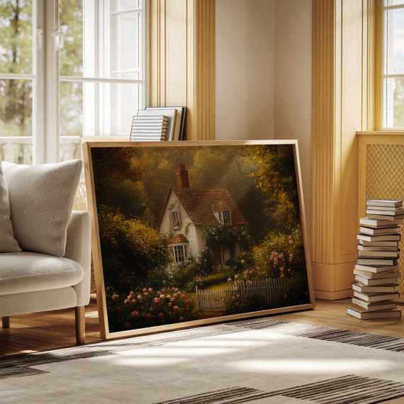 English Cottage Canvas Art  Vintage Floral Home Wall Decor  Cozy House Painting  Rustic Country Charm  Romantic Garden Landscape