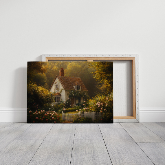 English Cottage Canvas Art  Vintage Floral Home Wall Decor  Cozy House Painting  Rustic Country Charm  Romantic Garden Landscape