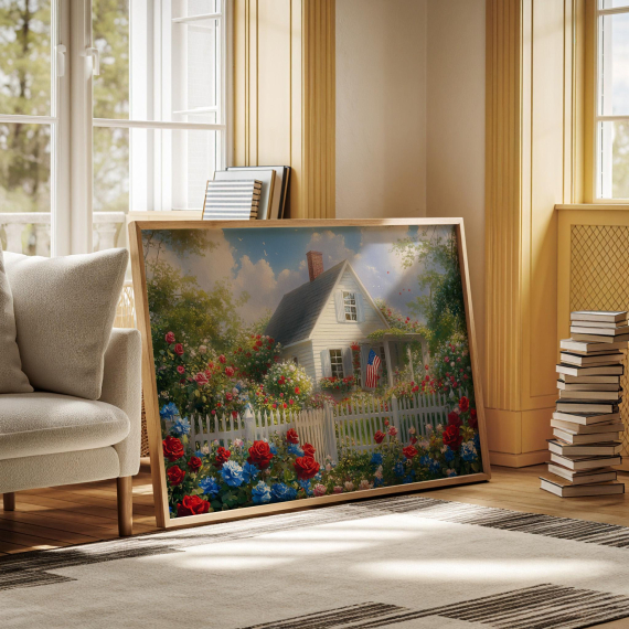 Patriotic Cottage Canvas  American Flag Wall Art  Red White Blue Flowers Painting  Vintage Summer Home Decor  Country Garden Print