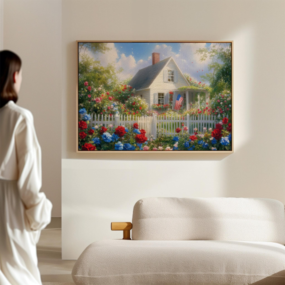 Patriotic Cottage Canvas  American Flag Wall Art  Red White Blue Flowers Painting  Vintage Summer Home Decor  Country Garden Print