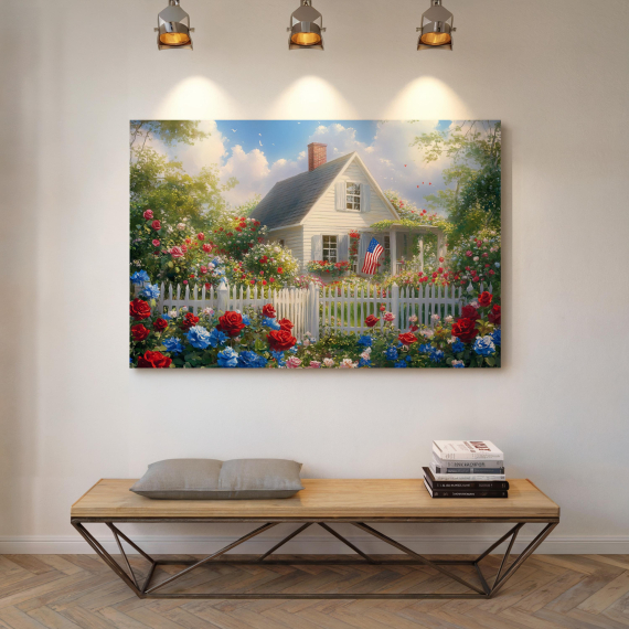 Patriotic Cottage Canvas  American Flag Wall Art  Red White Blue Flowers Painting  Vintage Summer Home Decor  Country Garden Print