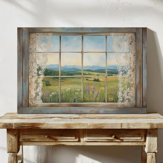 Rustic Window View Canvas Art  Country Landscape Print  Vintage Lace Curtains Wall Decor  Cottagecore Farmhouse Style