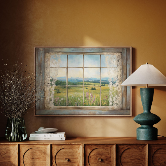 Rustic Window View Canvas Art  Country Landscape Print  Vintage Lace Curtains Wall Decor  Cottagecore Farmhouse Style