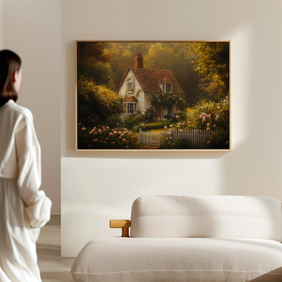 English Cottage Canvas Art  Vintage Floral Home Wall Decor  Cozy House Painting  Rustic Country Charm  Romantic Garden Landscape