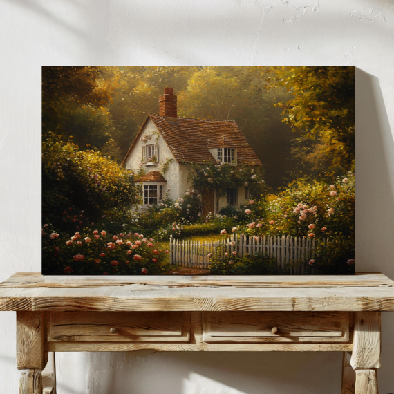 English Cottage Canvas Art  Vintage Floral Home Wall Decor  Cozy House Painting  Rustic Country Charm  Romantic Garden Landscape
